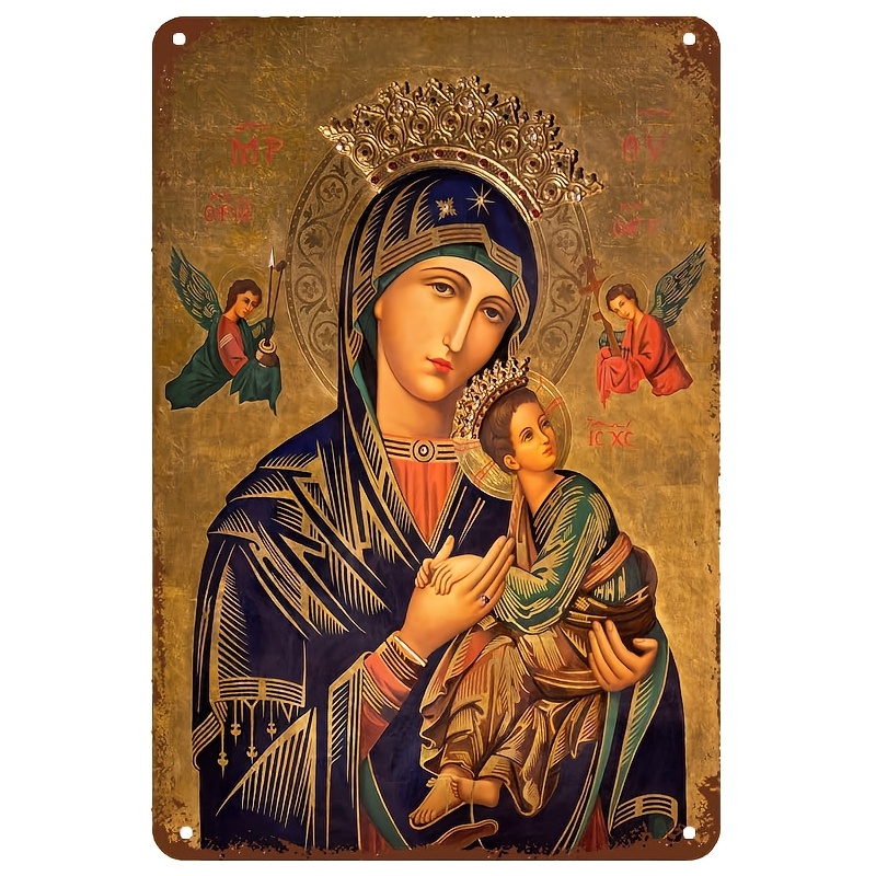 Home Decor Jesus - ป้ายโลหะวินเทจ 2 มิติ, ศิลปะติดผนังพระแม่มารีและพระกุมารเยซู, ของตกแต่งมงกุฎกรอบทอง, ของประดับตกแต่งทางศาสนาสำหรับบ้าน