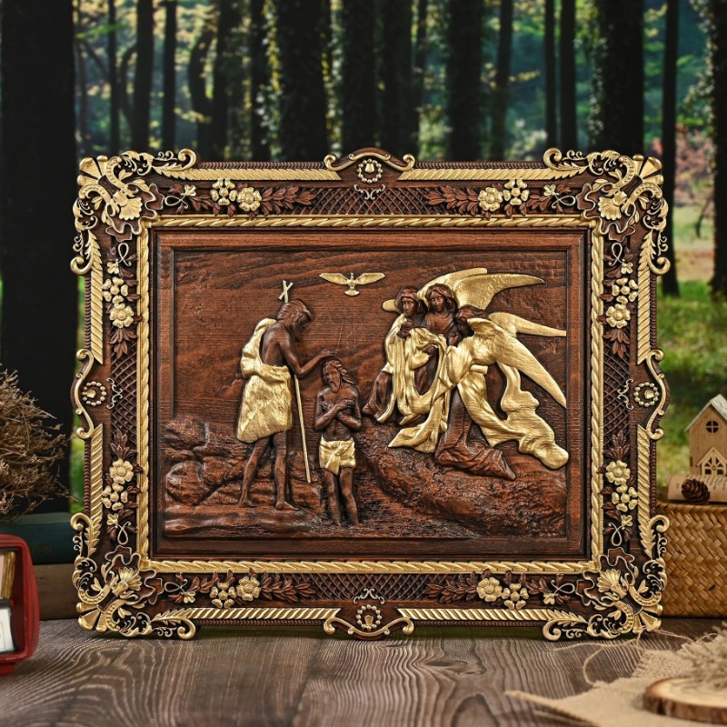 Home Decor Jesus - งานแกะสลักไม้ประดับผนังแบบแฮนด์เมด ฉากพระเยซูรับศีลล้างบาป งานแกะสลักศิลปะทางศาสนา พร้อมกรอบตกแต่ง สำหรับตกแต่งบ้านและโบสถ์