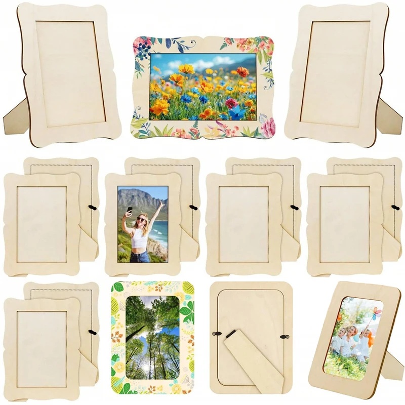 Bamboo Photo Frame - 5 ชิ้นกรอบไม้ที่ยังไม่เสร็จสมบูรณ์ รูปทรงหยัก/สี่เหลี่ยมผืนผ้า ที่ใส่รูปภาพ DIY งานฝีมือ