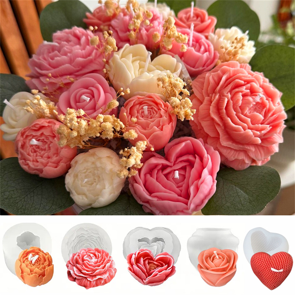 Scented Candle Set - ชุดแม่พิมพ์ซิลิโคนลายดอกไม้ 5 ชิ้น แม่พิมพ์ดอกไม้ 3 มิติ