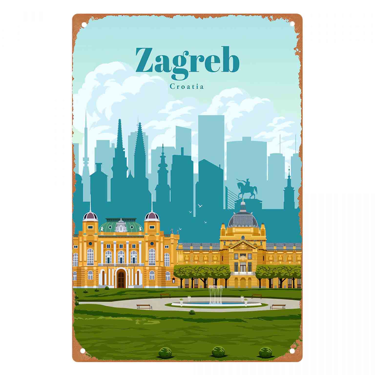 Home Decor Zagreb - ป้ายโลหะตกแต่งผนังรูปภาพเมืองซาเกร็บ โครเอเชีย แบบ 2 มิติ 1