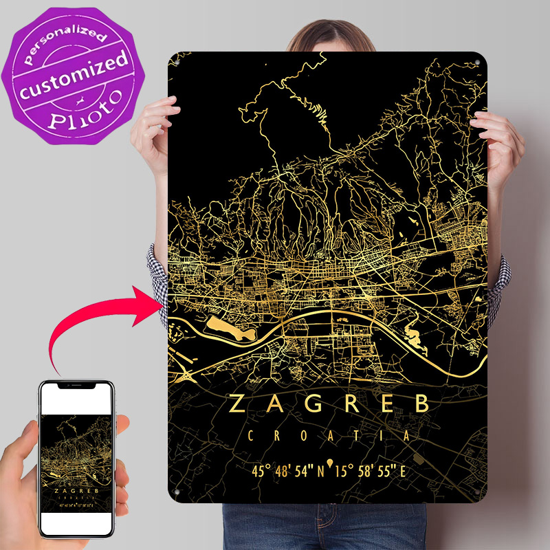Home Decor Zagreb - โปสเตอร์พิมพ์ลาย 3 มิติ แผนที่เมืองซาเกร็บ ประเทศโครเอเชีย ป้ายโลหะวินเทจสั่งทำพิเศษสำหรับตกแต่งผนังบ้านสไตล์โมเดิร์น