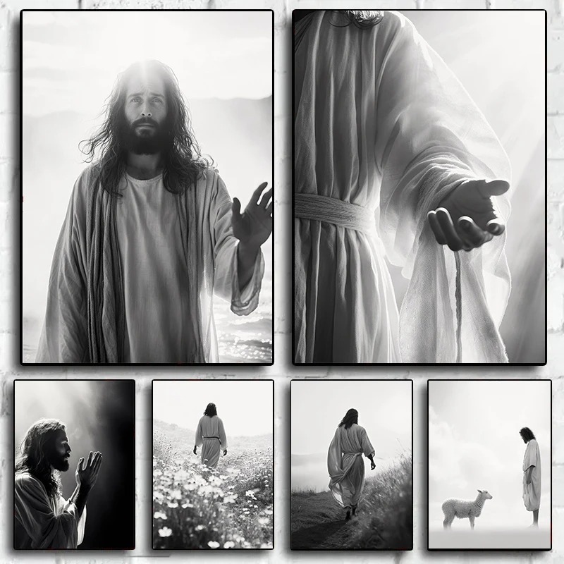 Home Decor Jesus - ภาพพิมพ์บนผ้าใบลายไม้กางเขนพระเยซูสีขาวดำบนเนินเขา ภาพศิลปะตกแต่งผนังแนวศาสนาสมัยใหม่สำหรับตกแต่งห้องและบ้าน