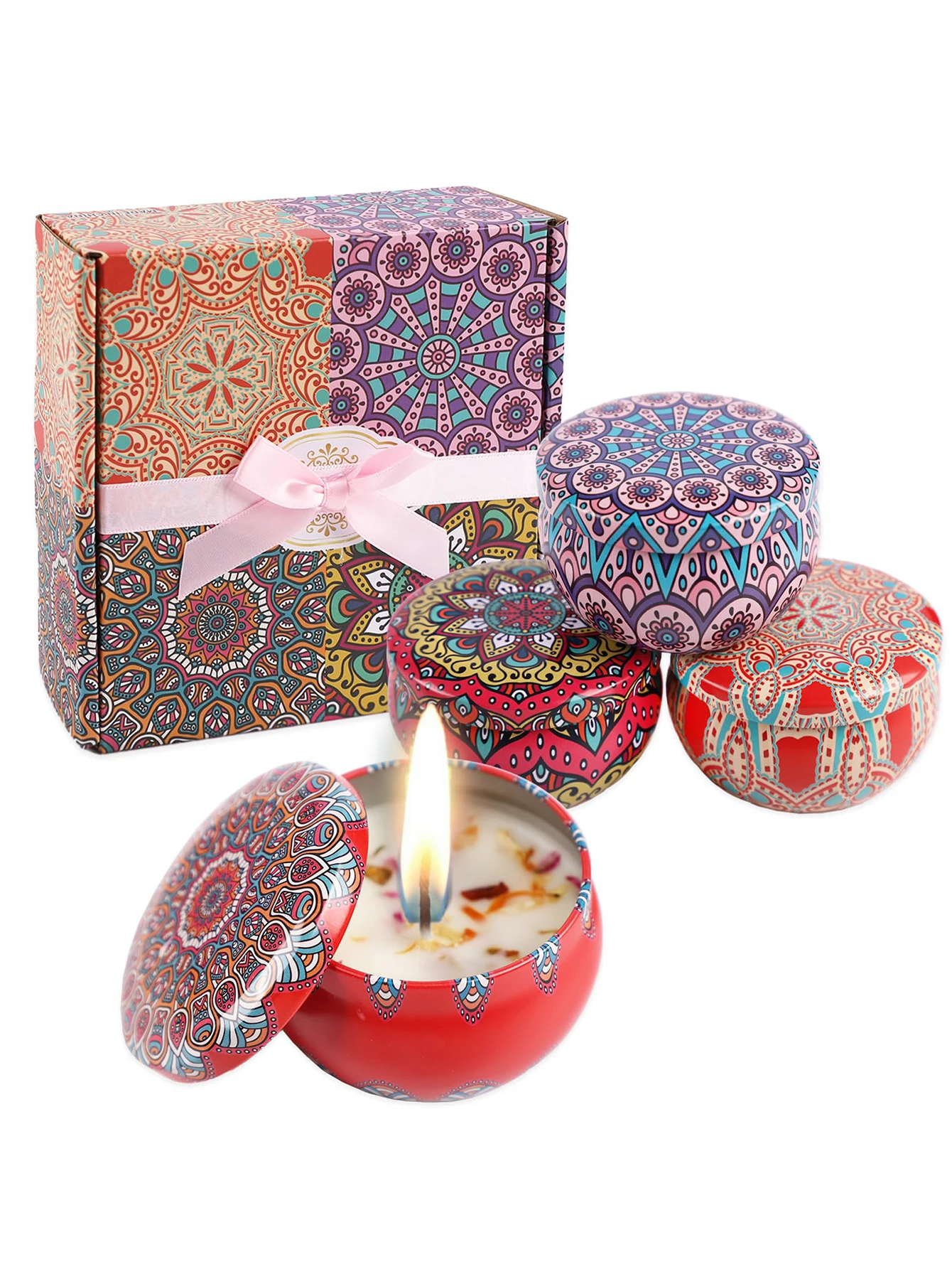 Scented Candle Set - กล่องของขวัญเทียนหอม4ชิ้น/เซ็ตเทียนไขขี้ผึ้งถั่วเหลืองลวดลายสวยงามเครื่อง Relief ความเครียดด้วยกลิ่นหอมสำหรับตกแต่งบ้านห้อง