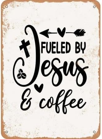 Home Decor Jesus - ป้ายโลหะวินเทจ แรงบันดาลใจจากพระเยซูและกาแฟ - 2 ชิ้น ของตกแต่งผนังสไตล์เรโทรสำหรับบ้าน