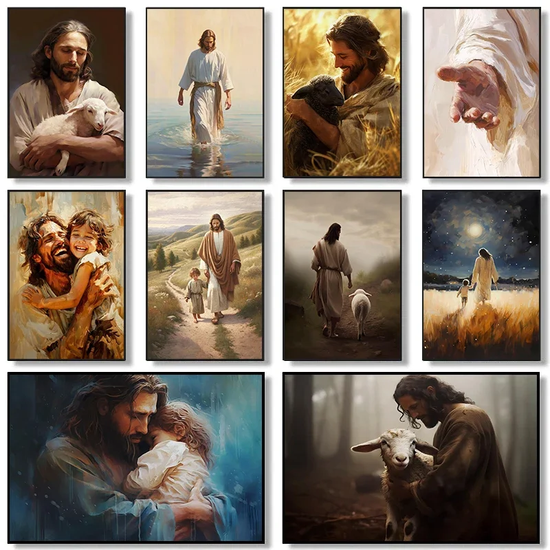 Home Decor Jesus - พระเยซูคริสต์เดินบนน้ำ ภาพพระเยซูจากพระหัตถ์ของพระเจ้า โปสเตอร์คลาสสิคสไตล์เรโทร ภาพวาดบนผ้าแคนวาส ศิลปะตกแต่งผนัง ของตกแต่งบ้าน
