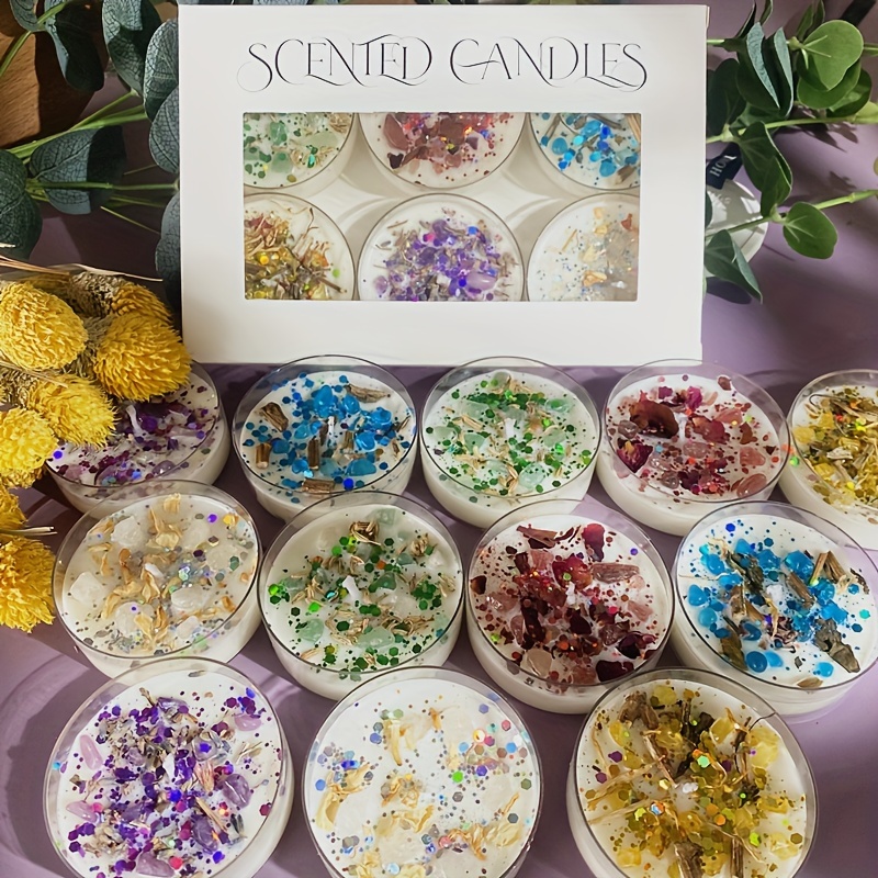 Scented Candle Set - ชุดเทียนหอม 6 เล่ม น้ําหอมคริสตัลหิน เทียนหอมดอกไม้แห้ง ของขวัญวันวาเลนไทน์