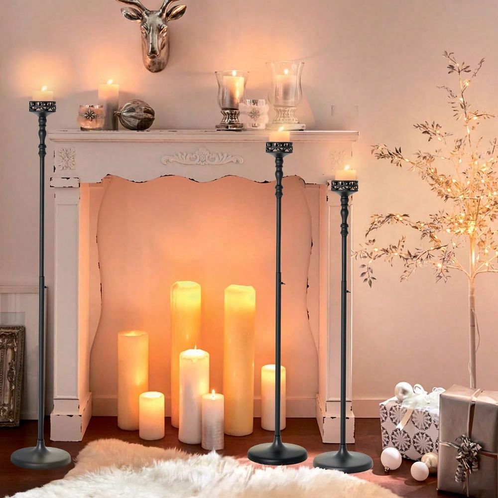 Flooring Home Decor - เชิงเทียนโลหะปรับระดับได้, เชิงเทียนตั้งพื้นสีดำวินเทจ ขนาด 38.2 61, ของตกแต่งหรูหราสำหรับงานแต่งงาน,