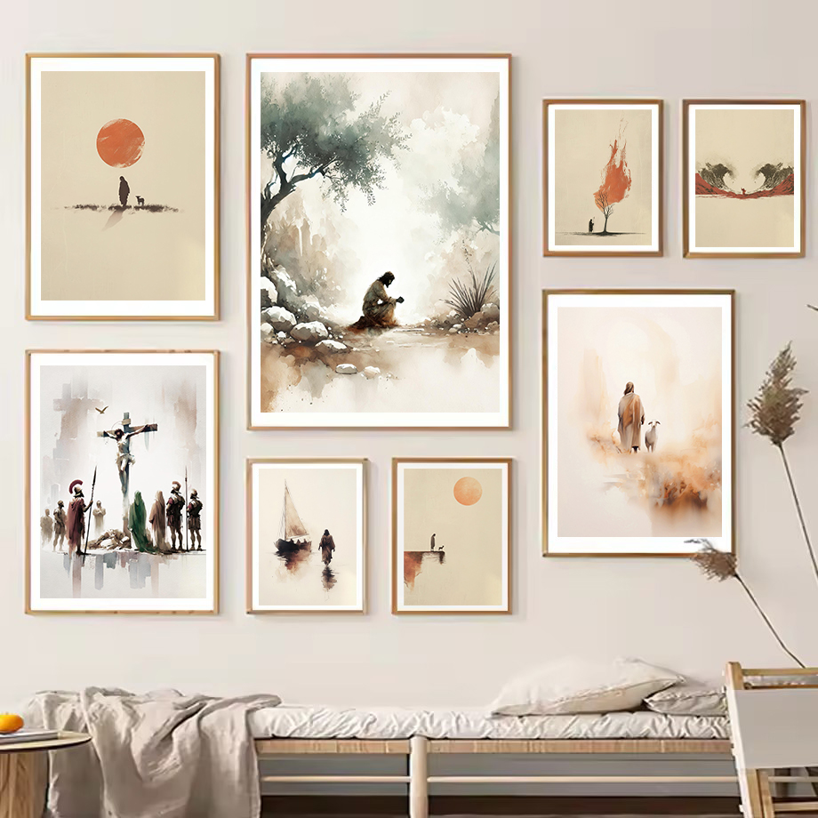Home Decor Jesus - ภาพวาดสีน้ำพระเยซูออกจากสวนเกธเซมาเน่ 99 รูปแบบ ภาพวาดศิลปะบนผ้าใบสำหรับตกแต่งบ้าน แสดงความเชื่อทางศาสนาคริสต์