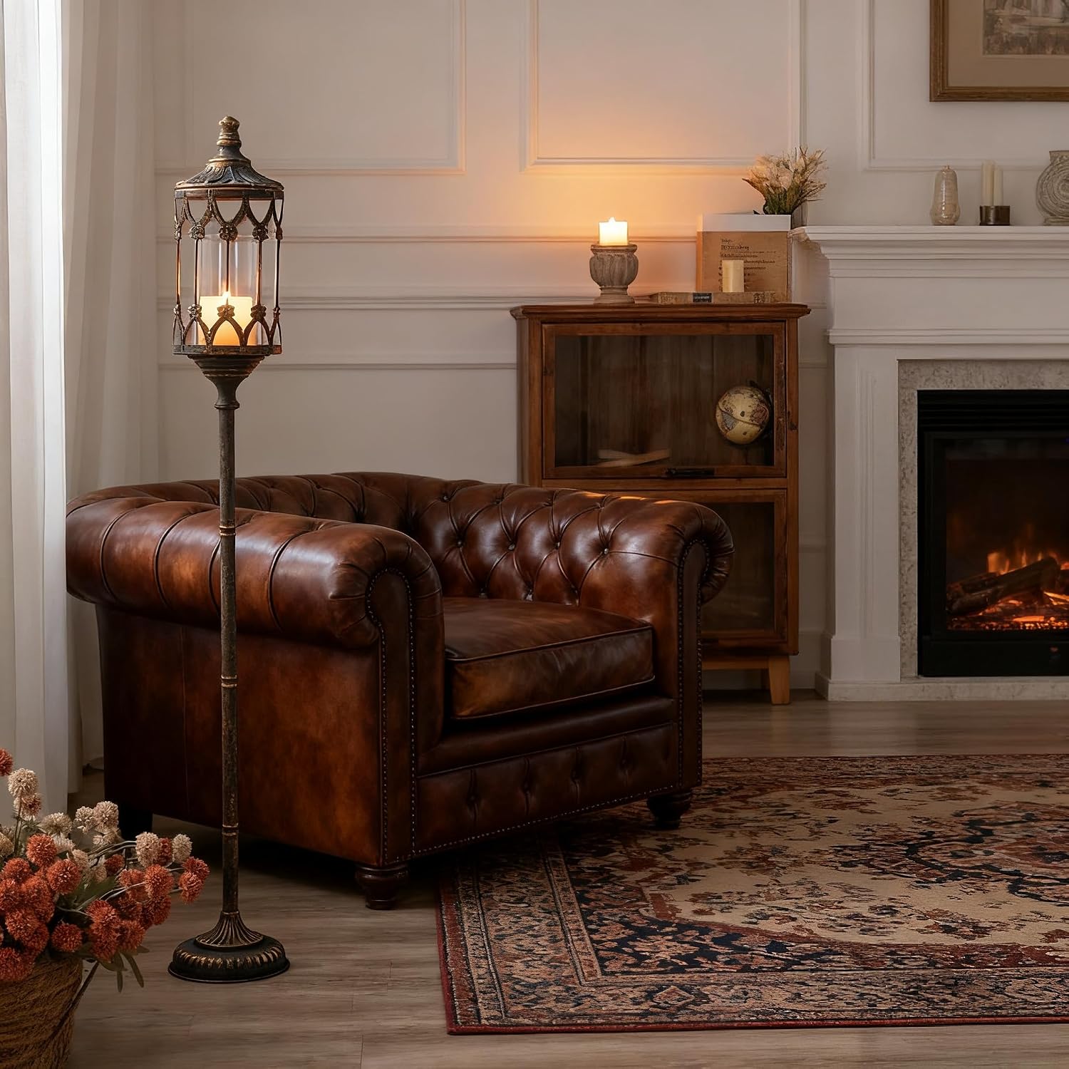 Flooring Home Decor - เชิงเทียนโลหะโบราณสีทองสูง 41 นิ้ว พร้อมโคมแก้ว ตกแต่งสไตล์โกธิคแบบเรียบง่าย เหมาะสำหรับตกแต่งบ้าน
